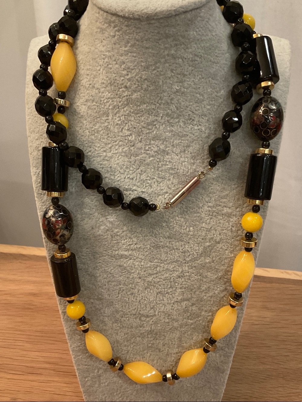 Vintage Yellow and Black Art Glass Beaded Statement Necklace